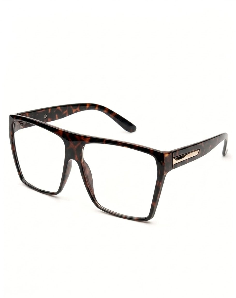 New Obsession cheetah print clear frame glasses with gold hardware, angled view — Shady Views