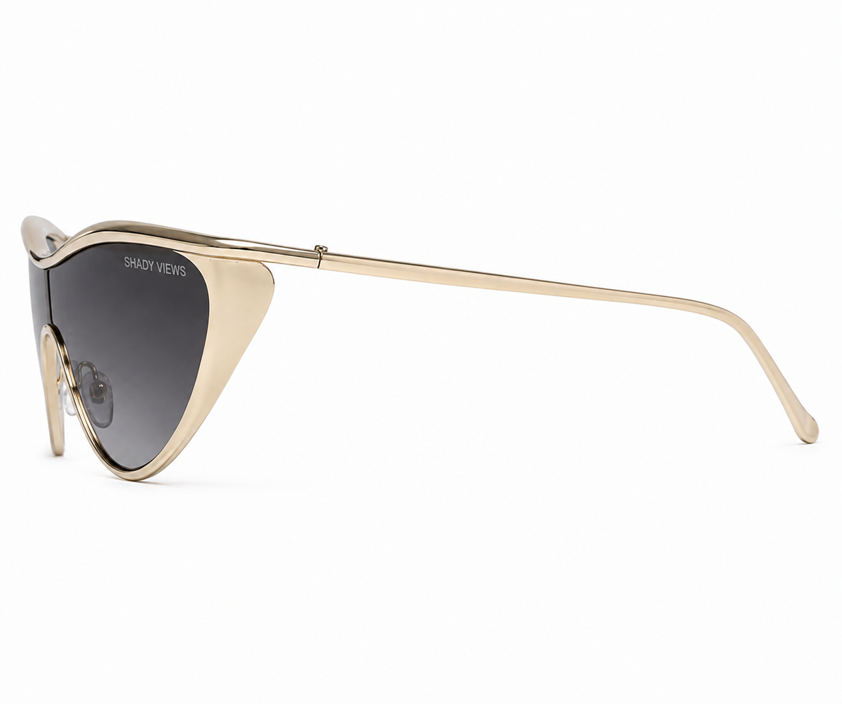 Betty Jean polished gold cat-eye shield sunglasses, angled side view — Shady Views