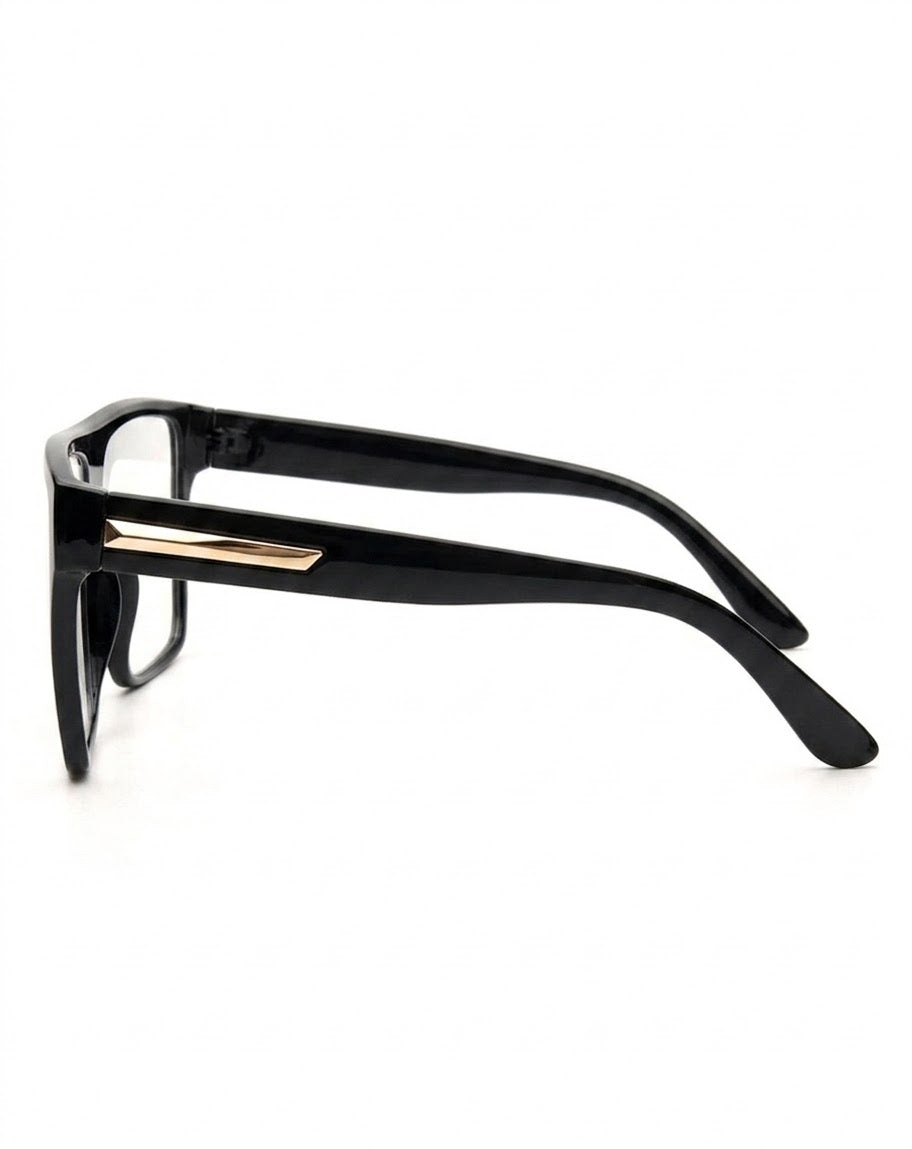 New Obsession black clear frame glasses with gold temple hardware, side view — Shady Views