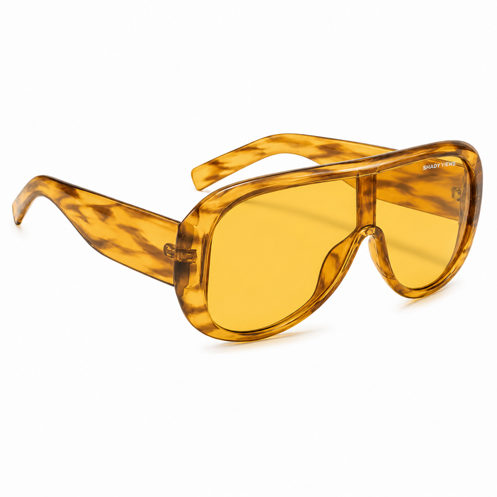Golden Hour amber shield sunglasses with yellow tinted lenses, angled side view — Shady Views