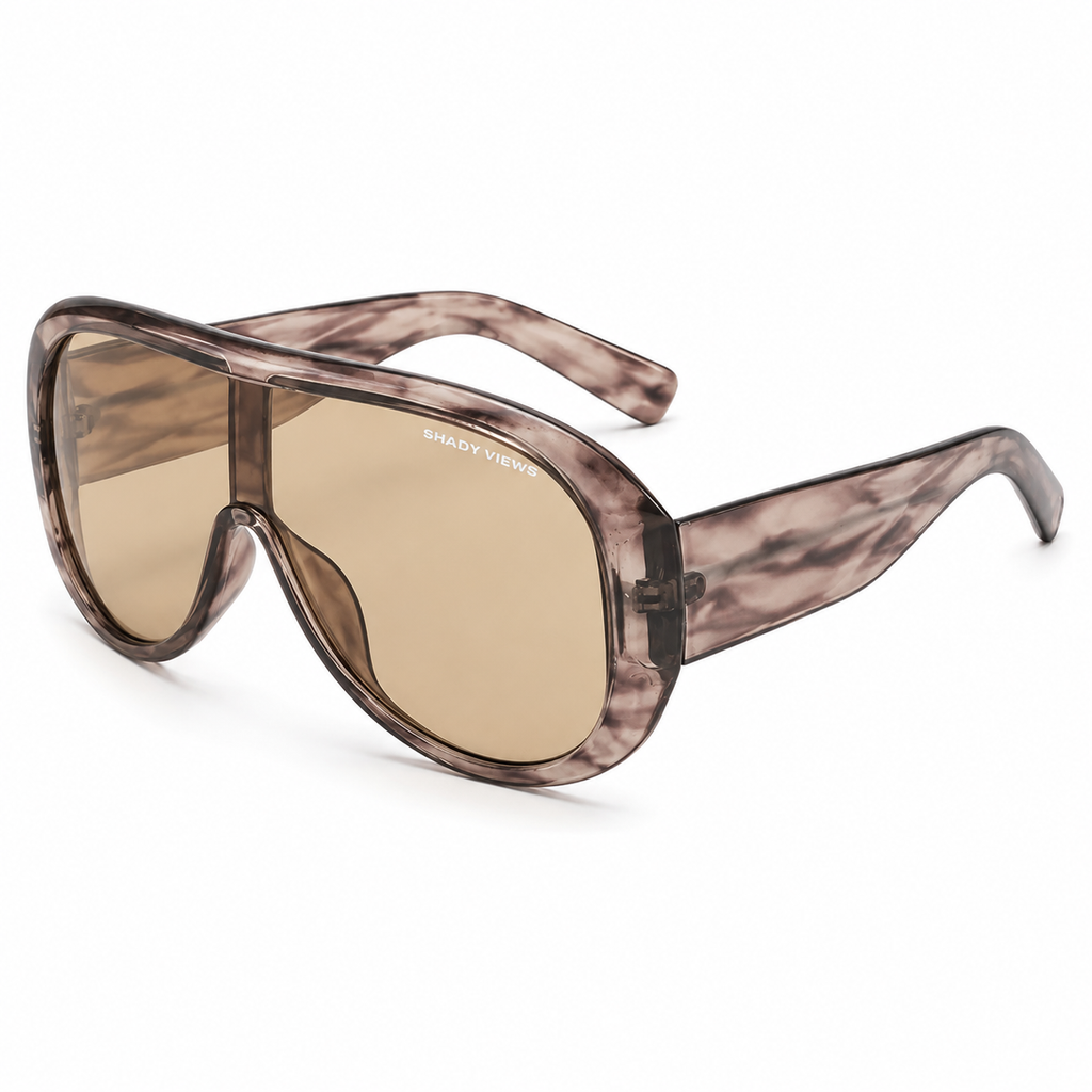 Sashay marbled mauve-grey shield sunglasses with warm amber lenses, angled side view — Shady Views