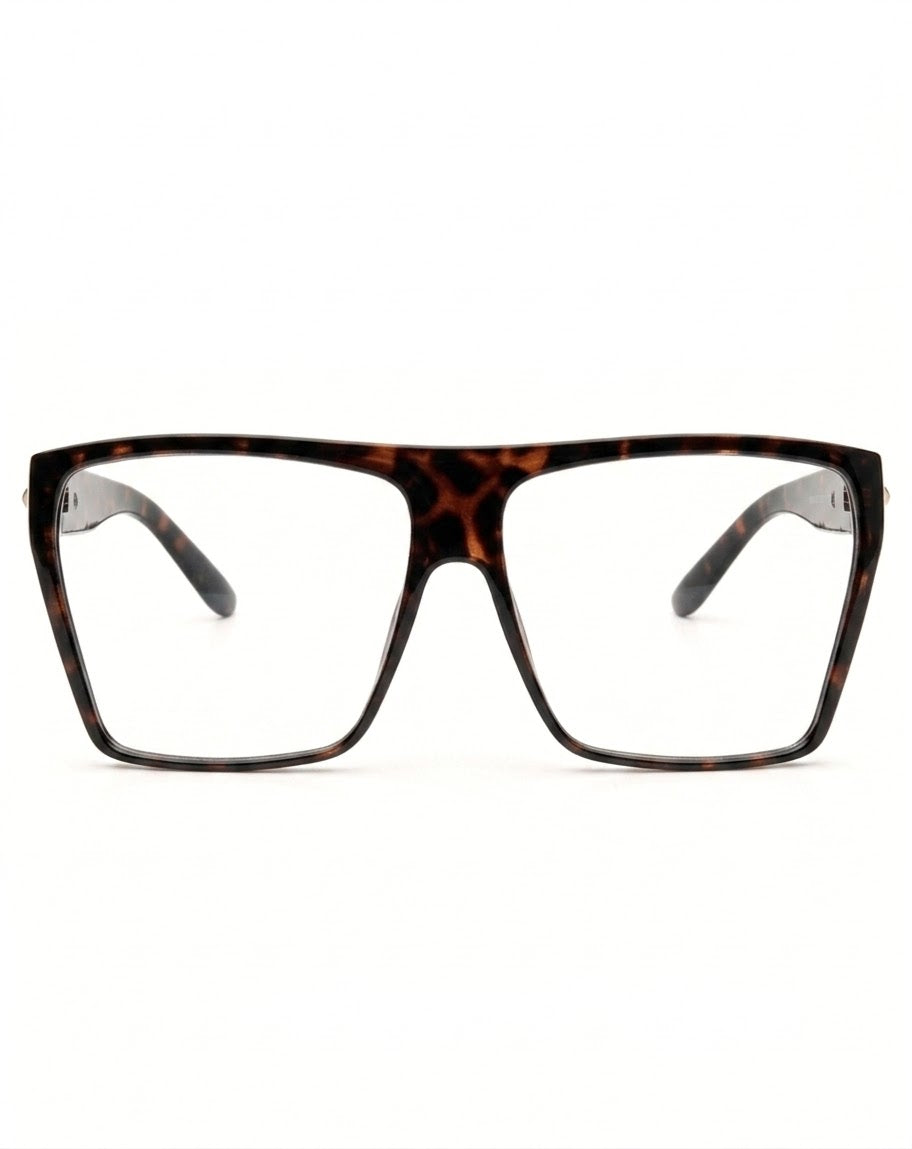 New Obsession oversized cheetah print flat-top clear frame glasses, front view — Shady Views