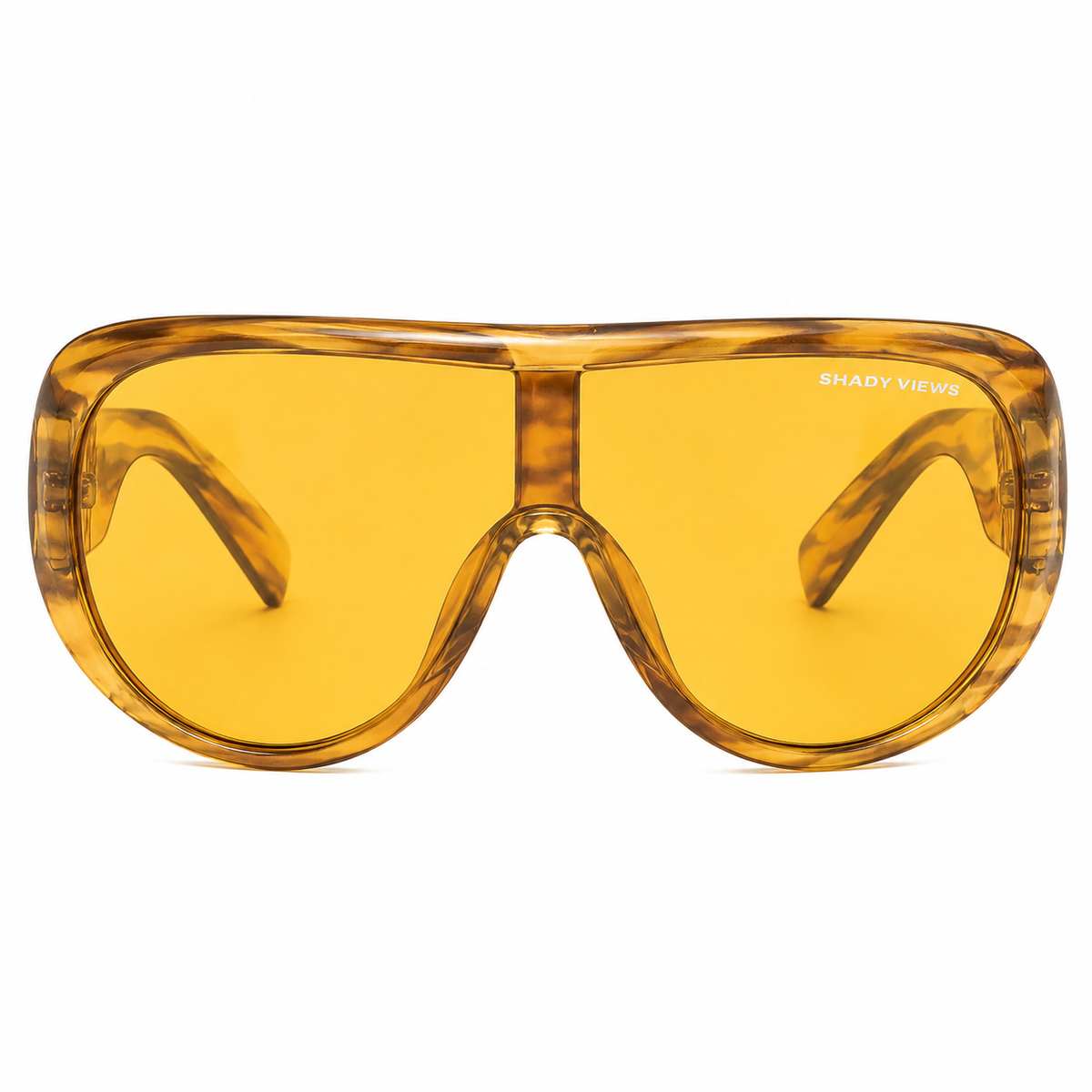 Golden Hour amber honey-marbled shield sunglasses with golden-yellow lenses, front view — Shady Views