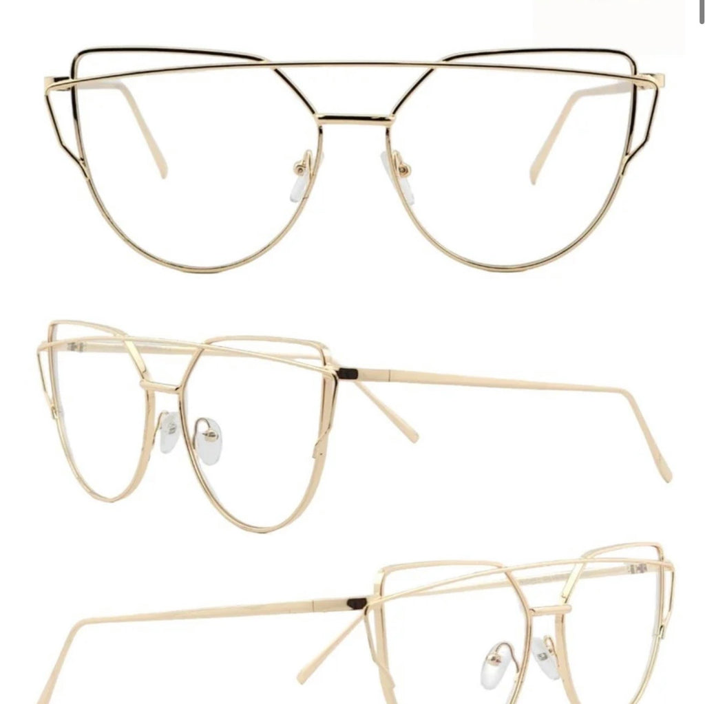 That Girl gold wire cat-eye clear glasses for women shown from front and side angles — Shady Views