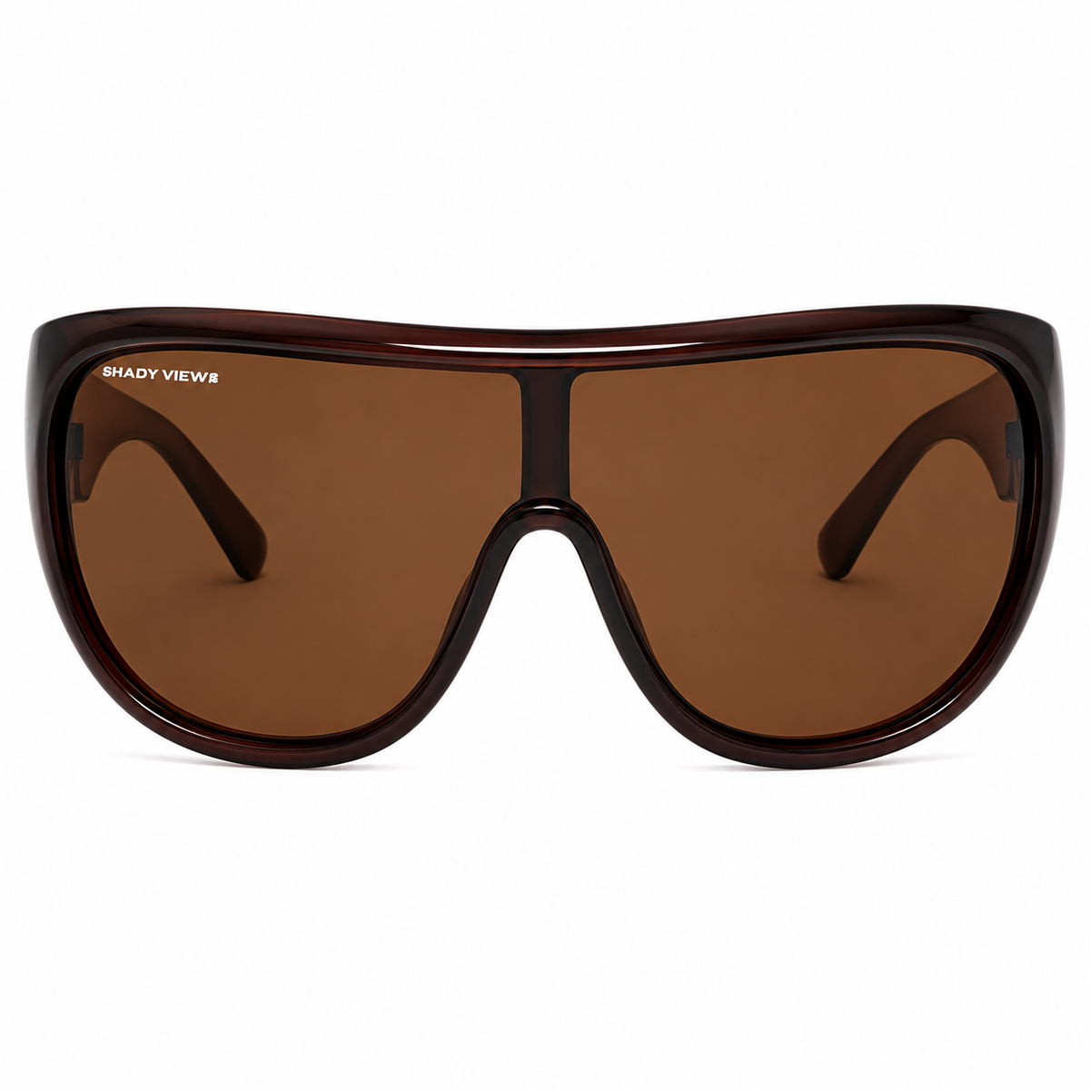 The Muse oversized deep brown shield sunglasses with warm cognac lenses, front view — Shady Views
