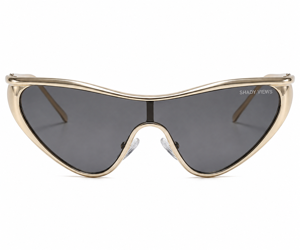 Betty Jean gold cat-eye shield sunglasses with dark smoke lenses, front view — Shady Views