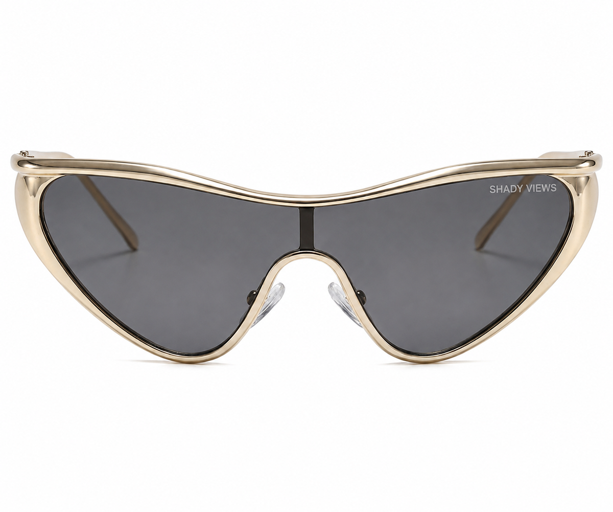 Betty Jean gold cat-eye shield sunglasses with dark smoke lenses, front view — Shady Views
