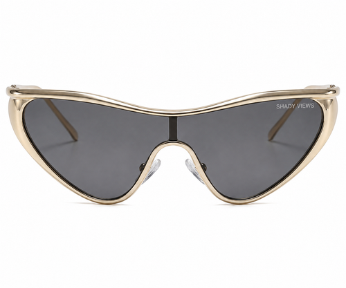 Betty Jean gold cat-eye shield sunglasses with dark smoke lenses, front view — Shady Views