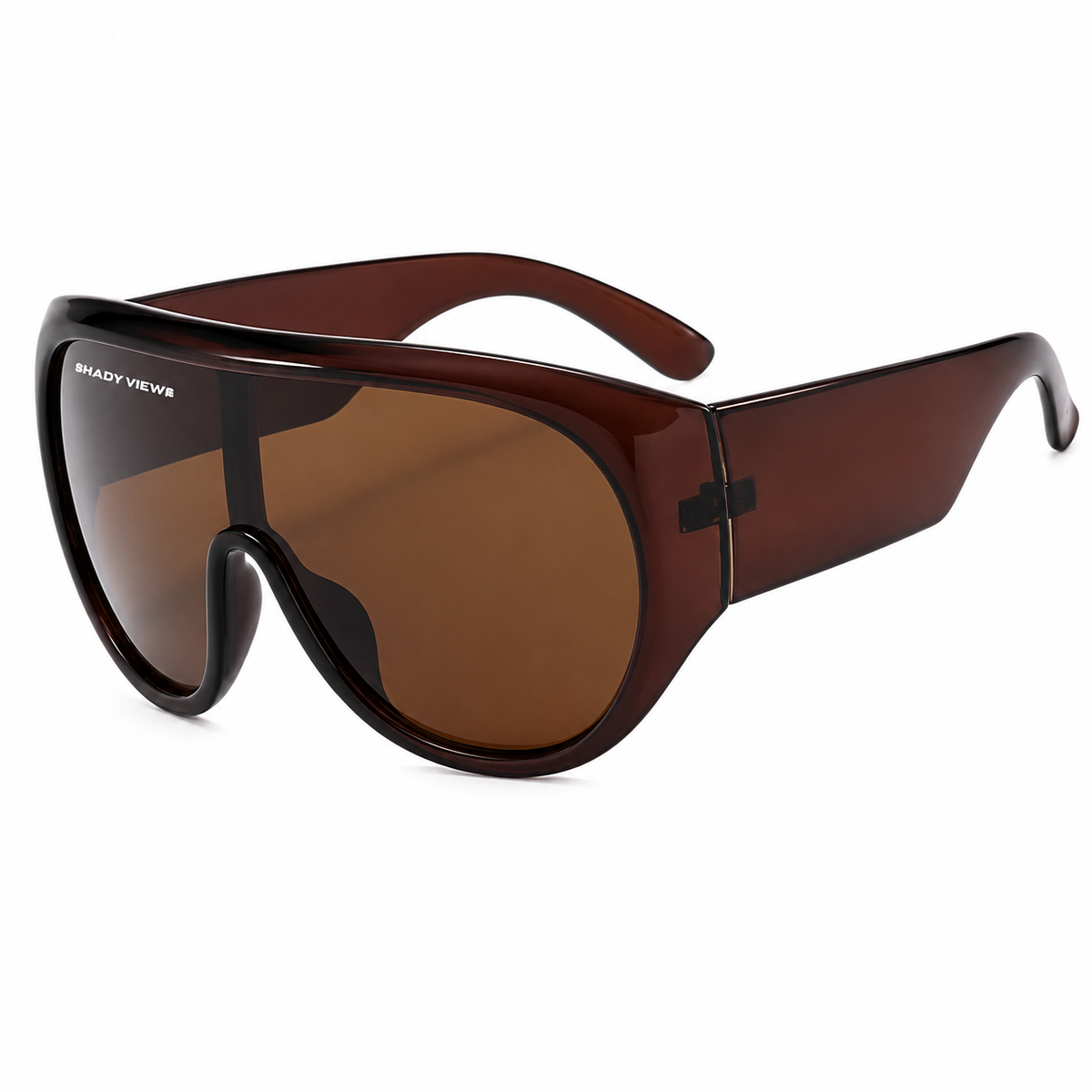 The Muse deep brown shield sunglasses with cognac lenses, angled side view — Shady Views