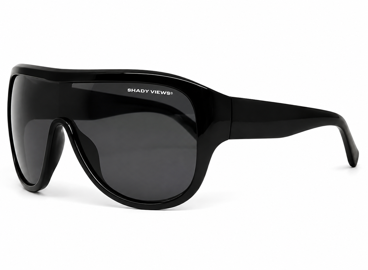 The Icon black shield sunglasses with smoke lenses, angled side view — Shady Views