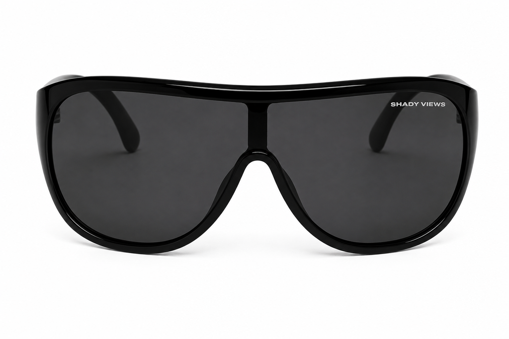 The Icon oversized glossy black shield sunglasses with dark smoke lenses, front view — Shady Views