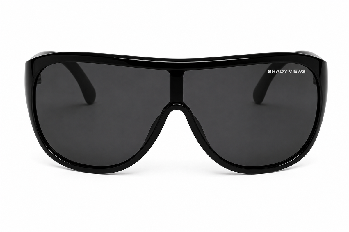 The Icon oversized glossy black shield sunglasses with dark smoke lenses, front view — Shady Views