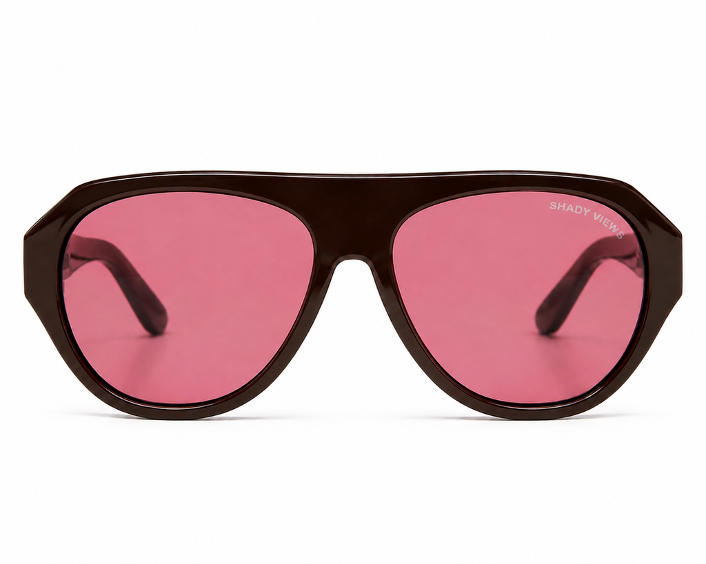Noir oversized espresso brown aviator-shield sunglasses with hot pink lenses, front view — Shady Views
