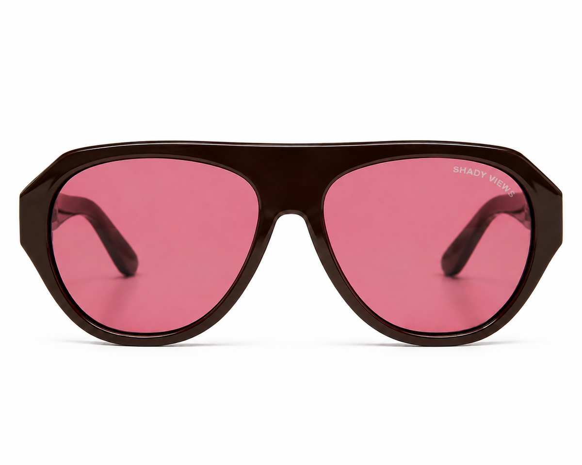 Noir oversized espresso brown aviator-shield sunglasses with hot pink lenses, front view — Shady Views